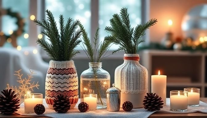 Ζεστός και φιλόξενος χειμερινός χώρος με βάζα διακοσμημένα με πουλόβερ και φυσικά υλικά.