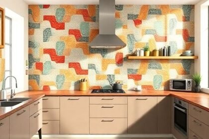 Σύγχρονη κουζίνα με τοίχο που διαθέτει μοναδικά σχέδια πλακιδίων σε έντονα χρώματα και γεωμετρικά μοτίβα.