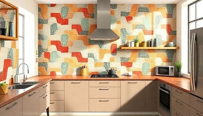 Σύγχρονη κουζίνα με τοίχο που διαθέτει μοναδικά σχέδια πλακιδίων σε έντονα χρώματα και γεωμετρικά μοτίβα.