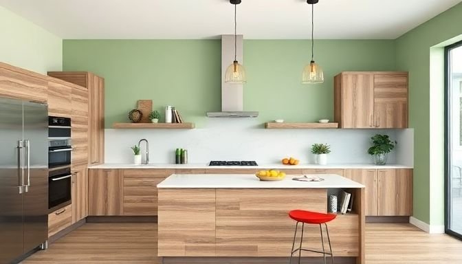 Ιδέες για τοίχους κουζίνας που ξεφεύγουν από τα συνηθισμένα 3 Μια μοντέρνα κουζίνα με τονισμένο τοίχο σε απαλή πράσινη απόχρωση