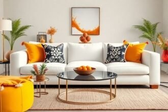 Μια κομψή διακόσμηση σαλονιού με λευκό καναπέ και έντονα, χρωματιστά μαξιλάρια που ζωντανεύουν τον χώρο.