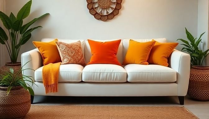 Τα καλύτερα χρωματικά τρικ για να ζωντανέψετε τον λευκό σας καναπέ 2 Λευκός καναπές στο σαλόνι με ζωντανά μαξιλάρια