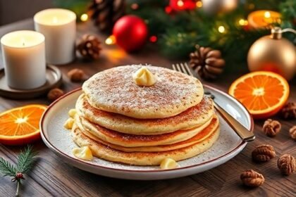 Γιορτινά pancakes με γεύση μελομακάρονο, διακοσμημένα με κανέλα και πορτοκάλι.