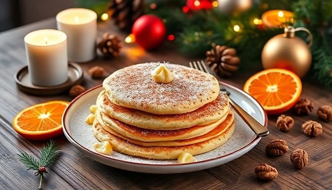 Γιορτινά pancakes με γεύση μελομακάρονο, διακοσμημένα με κανέλα και πορτοκάλι.
