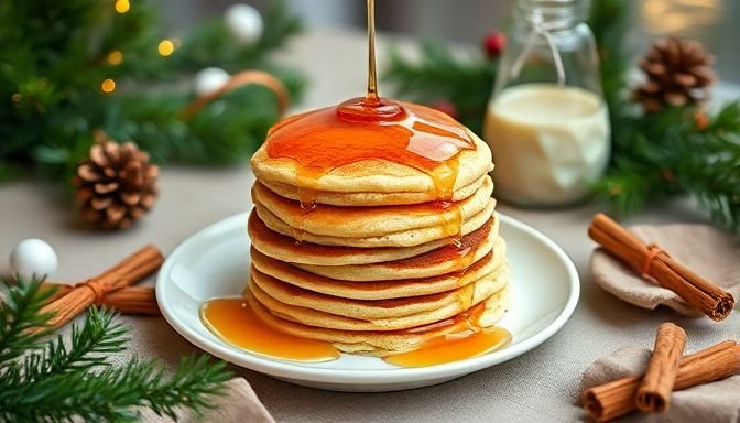 Γιορτινό πρωινό με pancakes σε διακοσμημένο τραπέζι