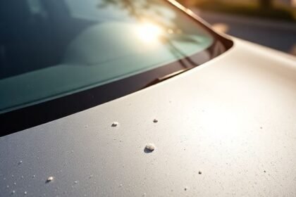 Ένα αυτοκίνητο με κουτσουλιές, τονίζοντας τη σημασία του άμεσου καθαρισμού για την προστασία του χρώματος.