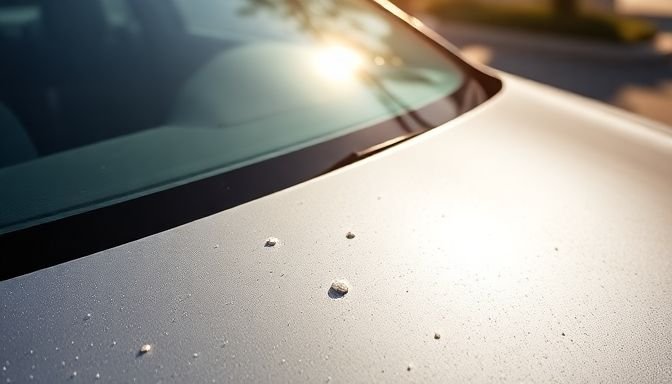 Ένα αυτοκίνητο με κουτσουλιές, τονίζοντας τη σημασία του άμεσου καθαρισμού για την προστασία του χρώματος.