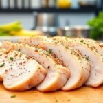 Ζουμερά φιλέτα από κοτόπουλο κομμένα ομοιόμορφα με μπαχαρικά στο φόντο μιας καθαρής κουζίνας.