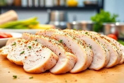 Ζουμερά φιλέτα από κοτόπουλο κομμένα ομοιόμορφα με μπαχαρικά στο φόντο μιας καθαρής κουζίνας.