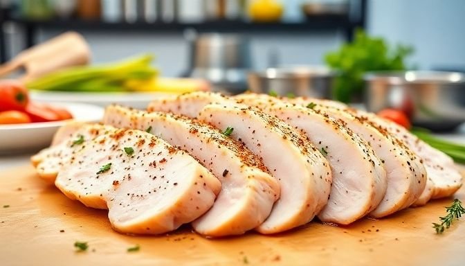 Ζουμερά φιλέτα από κοτόπουλο κομμένα ομοιόμορφα με μπαχαρικά στο φόντο μιας καθαρής κουζίνας.