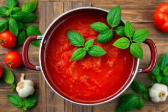 Κατσαρόλα με σάλτσα ντομάτας σε ξύλινο τραπέζι