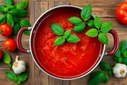 Κατσαρόλα με σάλτσα ντομάτας σε ξύλινο τραπέζι