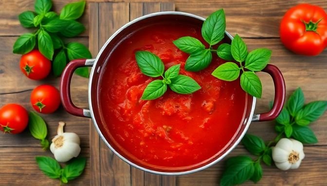 Κατσαρόλα με σάλτσα ντομάτας σε ξύλινο τραπέζι