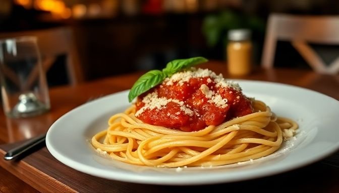 Πιάτο ζυμαρικών με σάλτσα ντομάτας και βασιλικό