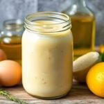 Σπιτική μαγιονέζα σε βάζο με φρέσκα υλικά όπως αυγά και ελαιόλαδο.