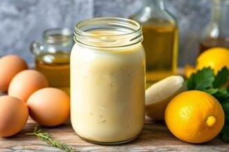 Σπιτική μαγιονέζα σε βάζο με φρέσκα υλικά όπως αυγά και ελαιόλαδο.