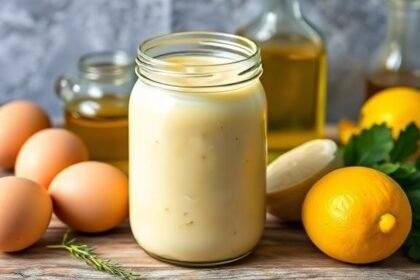 Σπιτική μαγιονέζα σε βάζο με φρέσκα υλικά όπως αυγά και ελαιόλαδο.