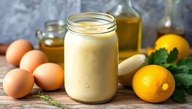 Σπιτική μαγιονέζα σε βάζο με φρέσκα υλικά όπως αυγά και ελαιόλαδο.