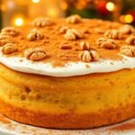 Ένα αφράτο κέικ με γεύση μελομακάρονο, γαρνιρισμένο με τριμμένα καρύδια και κανέλα, ιδανικό για τις γιορτές.