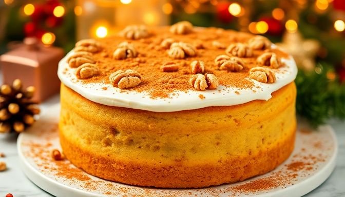 Ένα αφράτο κέικ με γεύση μελομακάρονο, γαρνιρισμένο με τριμμένα καρύδια και κανέλα, ιδανικό για τις γιορτές.