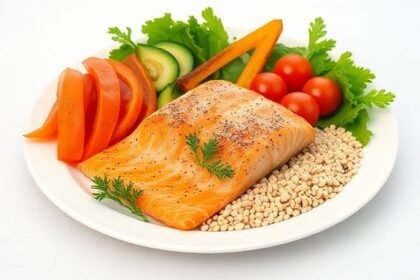 Ένα υγιεινό γεύμα με πιάτο γεμάτο σολομό, λαχανικά και δημητριακά, υποδεικνύοντας υγιή επίπεδα χοληστερίνης.