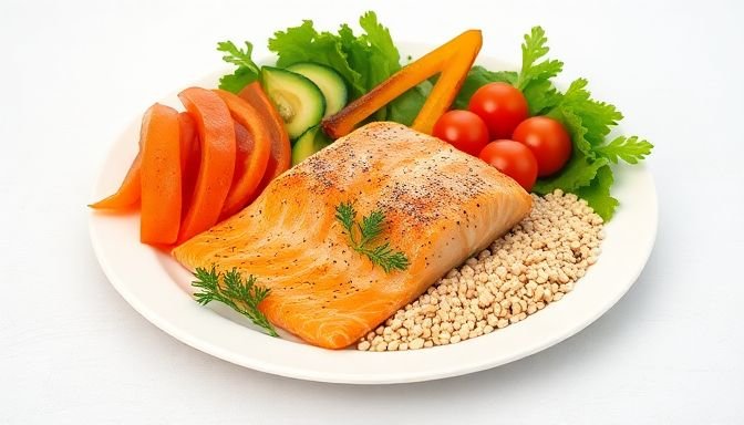 Ένα υγιεινό γεύμα με πιάτο γεμάτο σολομό, λαχανικά και δημητριακά, υποδεικνύοντας υγιή επίπεδα χοληστερίνης.