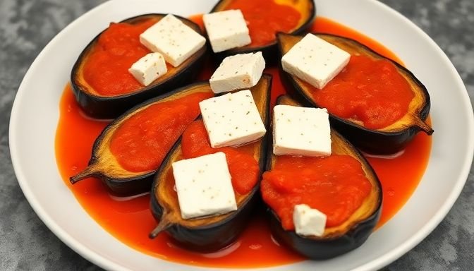 Πιάτο με μελιτζάνες ψητές με φέτα και ντομάτα, κλασική ελληνική συνταγή.