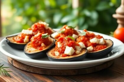 Πιάτο με μελιτζάνες, φέτα και σάλτσα ντομάτας