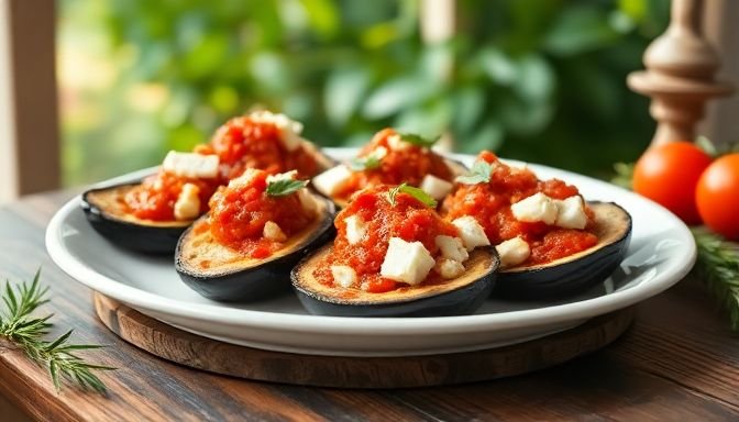 Πιάτο με μελιτζάνες, φέτα και σάλτσα ντομάτας