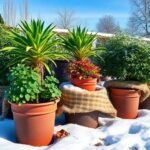 Χειμερινός κήπος με γλάστρες καλυμμένες για προστασία από τον παγετό ανάμεσα σε χιόνι.