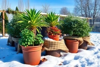Χειμερινός κήπος με γλάστρες καλυμμένες για προστασία από τον παγετό ανάμεσα σε χιόνι.