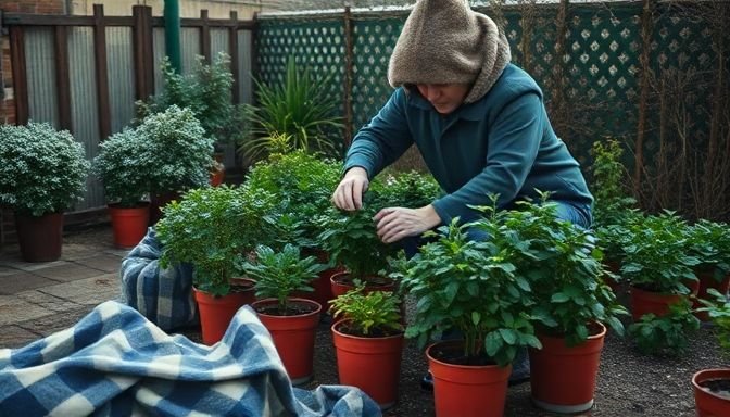 Κηπουρός καλύπτει γλάστρες με κουβέρτες