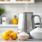 Ένας βραστήρας σε καθαρό περιβάλλον κουζίνας με λεμόνια και μαγειρική σόδα.