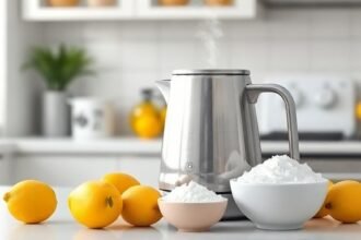 Ένας βραστήρας σε καθαρό περιβάλλον κουζίνας με λεμόνια και μαγειρική σόδα.