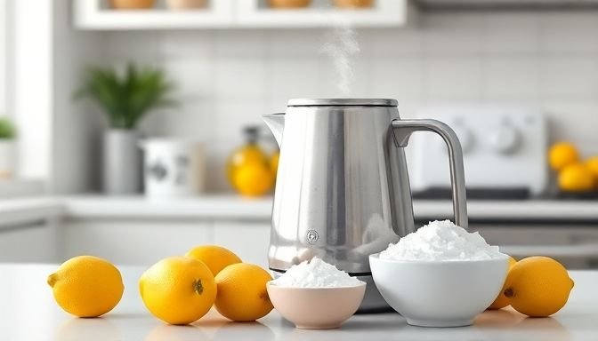 Ένας βραστήρας σε καθαρό περιβάλλον κουζίνας με λεμόνια και μαγειρική σόδα.