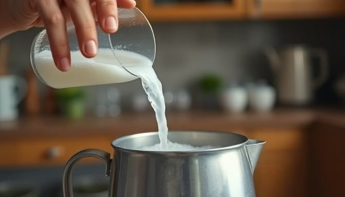 Το κόλπο με λεμόνι που εξαφανίζει τα άλατα από τον βραστήρα 3 Φωτογραφία ατόμου που προσθέτει ξύδι και σόδα σε βραστήρα