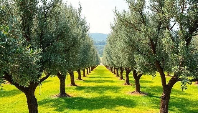 Φωτογραφία ελαιώνα με υγιή ελαιόδεντρα, που απεικονίζει τη σημασία του σωστού κλαδέματος.