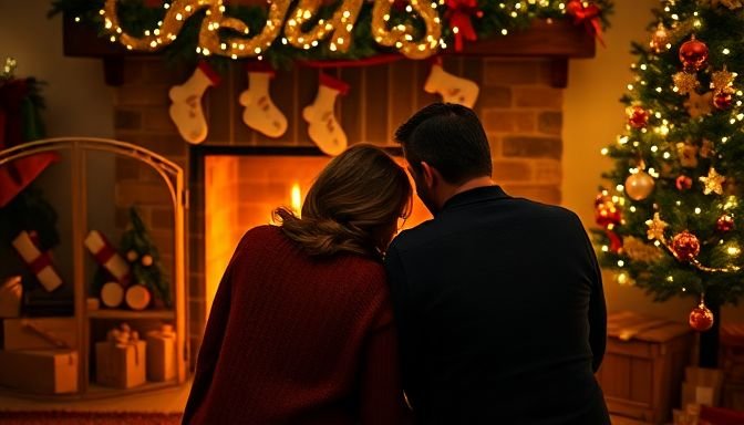 Ζευγάρι που κάθεται δίπλα στο τζάκι και φαίνεται να επικοινωνεί