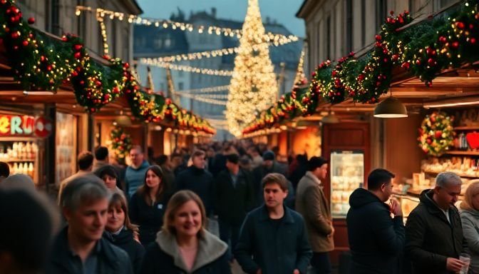 Κόσμος σε χριστουγεννιάτικη αγορά με φωτάκια