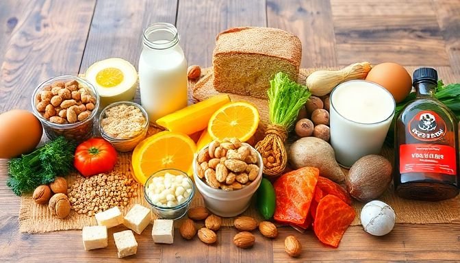 Εικόνα με τρόφιμα που περιέχουν κοινά αλλεργιογόνα όπως γλουτένη, αυγά, γάλα και ξηρούς καρπούς.