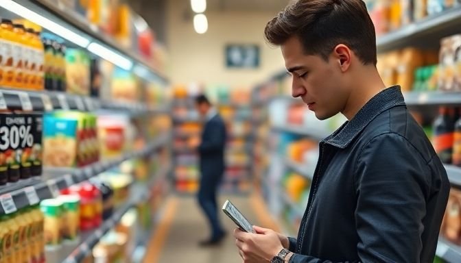 Πελάτης κοιτάζει τις ετικέτες προϊόντων σε σούπερ μάρκετ