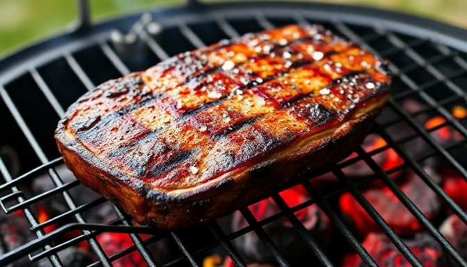 Ψητό κρέας στη σχάρα, τονίζοντας τη σημασία του σωστού αλατίσματος.