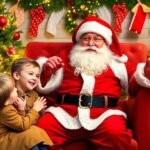 Μια φιλόξενη και μαγευτική χριστουγεννιάτικη σκηνή με τον Άγιο Βασίλη και παιδιά, που αποτυπώνει τη ζεστασιά του εορταστικού πνεύματος.