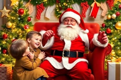 Μια φιλόξενη και μαγευτική χριστουγεννιάτικη σκηνή με τον Άγιο Βασίλη και παιδιά, που αποτυπώνει τη ζεστασιά του εορταστικού πνεύματος.