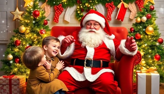 Μια φιλόξενη και μαγευτική χριστουγεννιάτικη σκηνή με τον Άγιο Βασίλη και παιδιά, που αποτυπώνει τη ζεστασιά του εορταστικού πνεύματος.