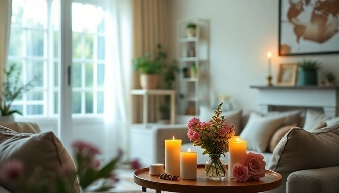 Ένα ζεστό σαλόνι με αρωματικά κεριά και φρέσκα λουλούδια