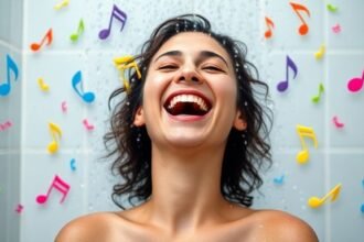Άτομο που τραγουδάει στην ντουζιέρα, περιτριγυρισμένο από πολύχρωμες νότες μουσικής, εκφράζοντας χαρά και απελευθέρωση.