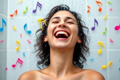 Άτομο που τραγουδάει στην ντουζιέρα, περιτριγυρισμένο από πολύχρωμες νότες μουσικής, εκφράζοντας χαρά και απελευθέρωση.