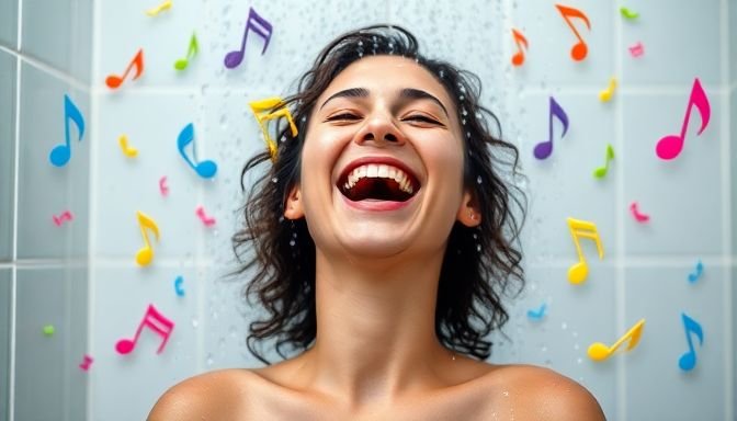 Άτομο που τραγουδάει στην ντουζιέρα, περιτριγυρισμένο από πολύχρωμες νότες μουσικής, εκφράζοντας χαρά και απελευθέρωση.