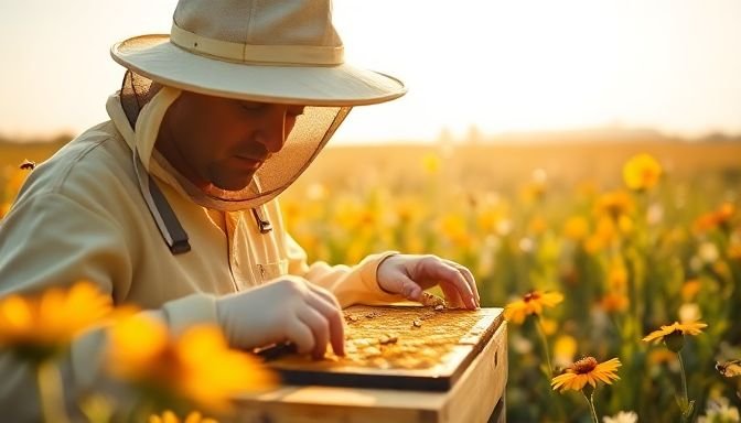 Ένας μελισσοκόμος ελέγχει τις κυψέλες του σε ηλιόλουστο αγρό